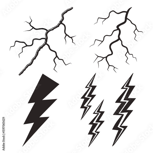 Black lightning bolt and crack icons thunder storm