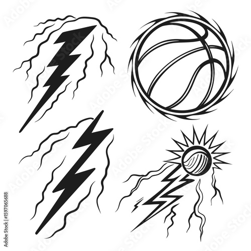 Black lightning bolts and basketball on white thunder