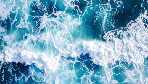 Fototapeta Naklejka Na Ścianę i Meble -  Ocean wave sea water aerial view turquoise foam surf