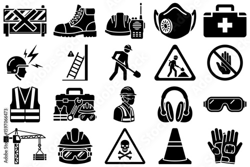 Safety Icons Illustration: A collection of essential safety icons, illustrating protective gear, equipment, and warnings commonly used in construction and industrial settings.