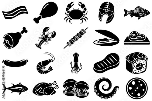 Black and White Food Icon Set: A variety of tasty food icon silhouette in black and white representing various dish types. The minimalist style enhances the graphic design.
