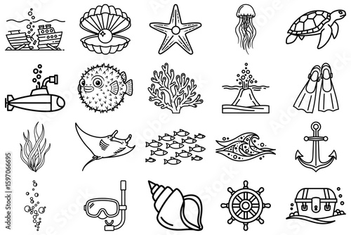 Oceanic Elements: A collection of meticulously crafted, monochromatic illustrations showcases diverse marine life and nautical symbols.