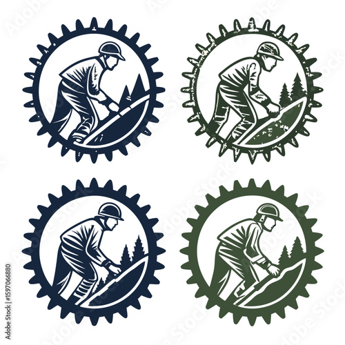 Cyclist in gear shape with trees cycling cogwheel