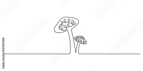 Mushroom one line drawing. Nature food concept in continuous single art of a mushroom, simple, clean, and tasty. Vector illustration