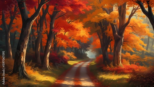 A winding path leads through a vibrant autumn forest, with trees displaying brilliant shades of red, orange, and yellow.