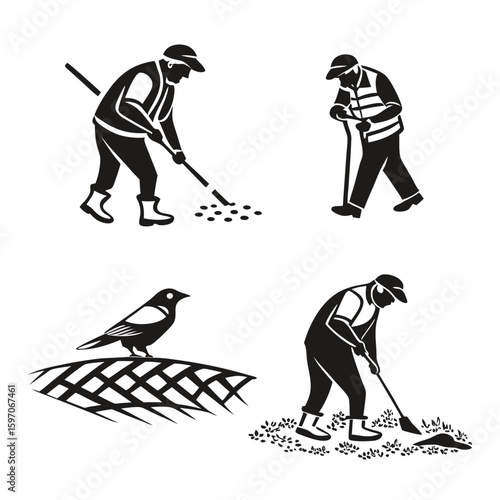 Farmers working with tools and bird gardening farming