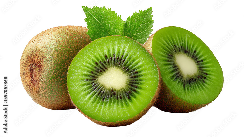 Fototapeta premium Three fresh kiwifruits, one whole, one sliced in half, and one partially visible, with green leaves, on a white background.