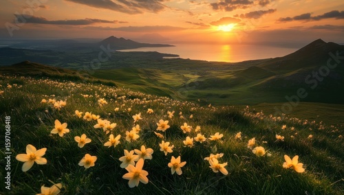 Golden Hour over Tranquil Meadow of Daffodils, Irish Coastline