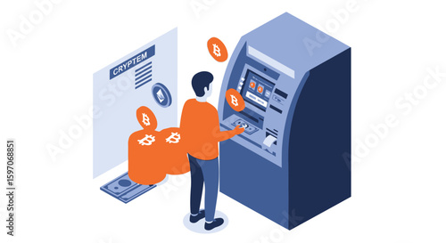 Illustration of a person using an ATM to withdraw or deposit Bitcoin, with floating Bitcoin symbols and a nearby digital display.