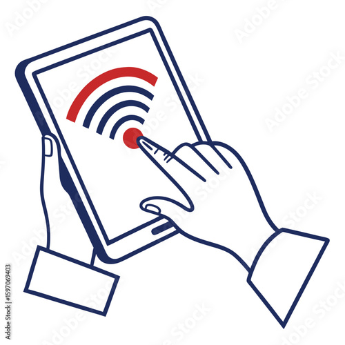 Hand touching tablet with wifi signal finger