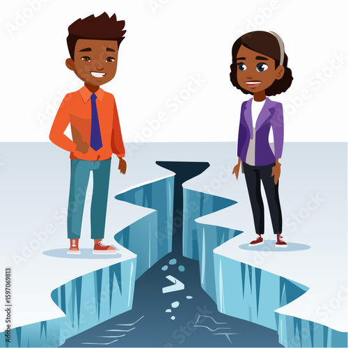 Cracked ice between two people, symbolizing a first step toward communication or easing tension in idiomatic vector art.