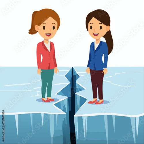 Cracked ice between two people, symbolizing a first step toward communication or easing tension in idiomatic vector art.