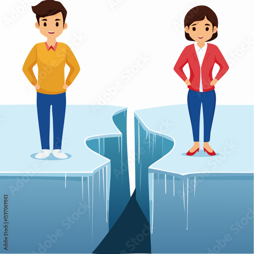Cracked ice between two people, symbolizing a first step toward communication or easing tension in idiomatic vector art.