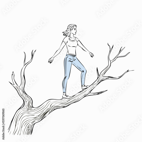 Figure balancing on a high branch, visual metaphor for bold risk or uncertain decision, illustrated in vector idiom style.