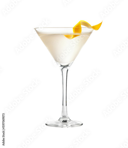 Vesper cocktail with lemon twist garnish transparent PNG isolated background. Mixology, bar menu, colorful vibrant refreshing drink in martini glass