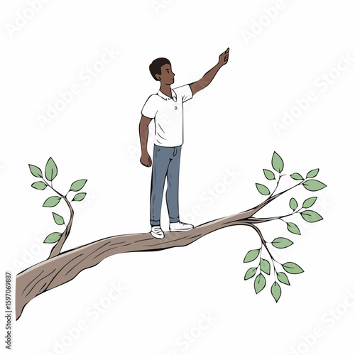 Figure balancing on a high branch, visual metaphor for bold risk or uncertain decision, illustrated in vector idiom style.