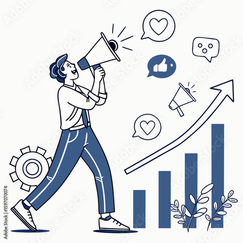Man with megaphone announces growth announcement chart