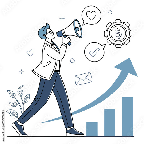 Man with megaphone announces growth and success business