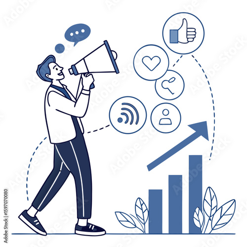 Man with megaphone announcing social media growth announcement