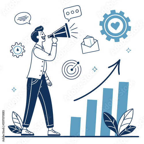 Man with megaphone announcing business growth announcement