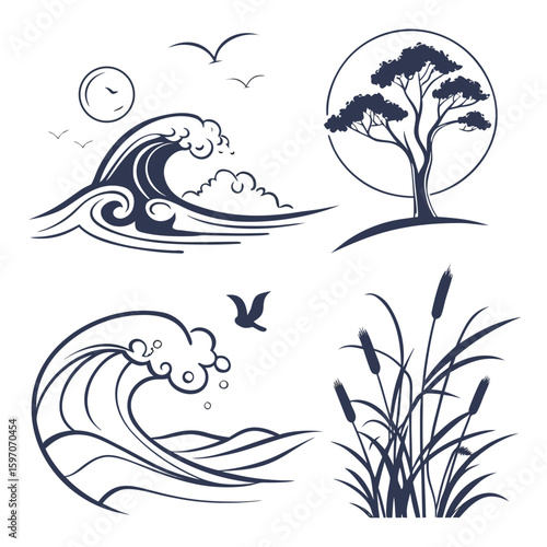 Ocean waves and trees with birds and reeds water nature