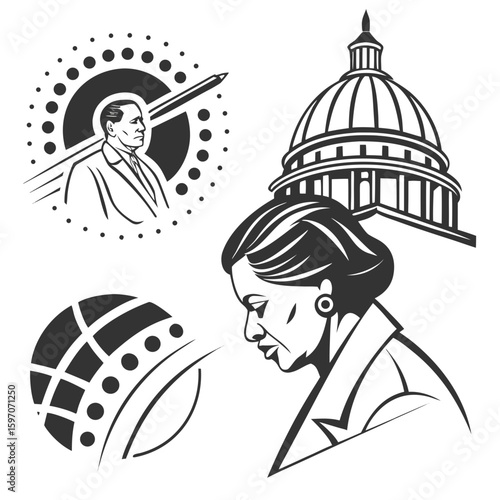 Political figures and government building icons silhouette
