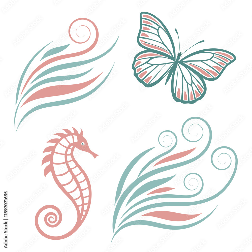 Fototapeta premium Seahorse butterfly and floral swirls decorative