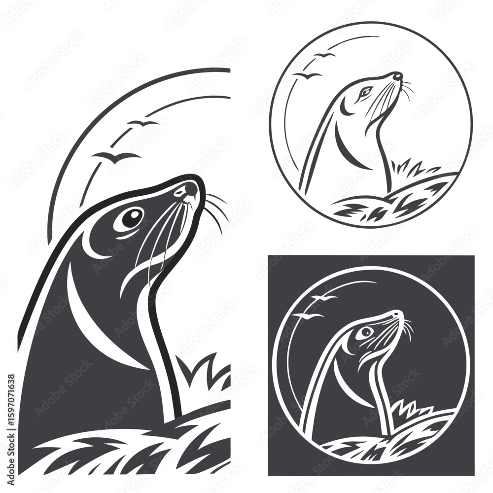 Obraz premium Seal head looking up with birds and waves marine mammal