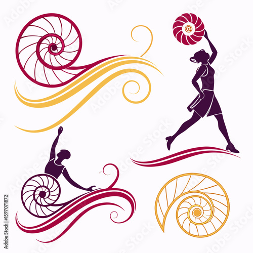 Stylized figures and nautilus shells spiral woman