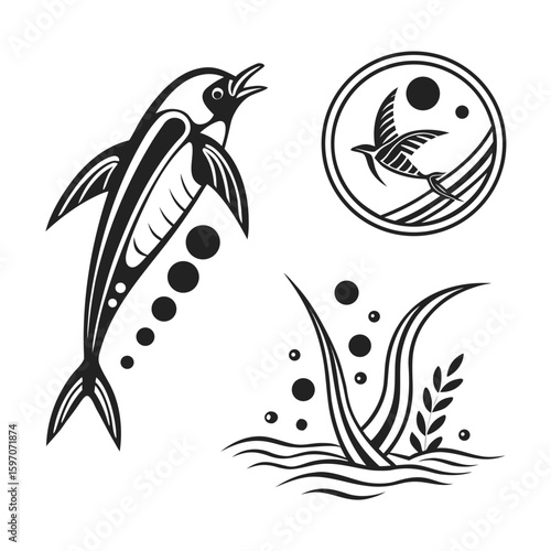 Stylized dolphin bird and reeds water waves