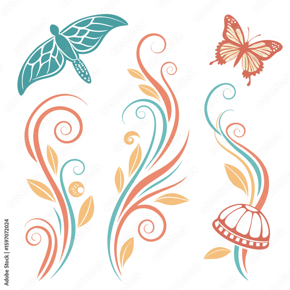 Fototapeta premium Teal coral and yellow floral swirls and butterflies