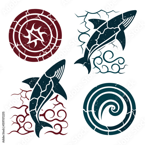 Textured whale and tribal circle icons shark graphic