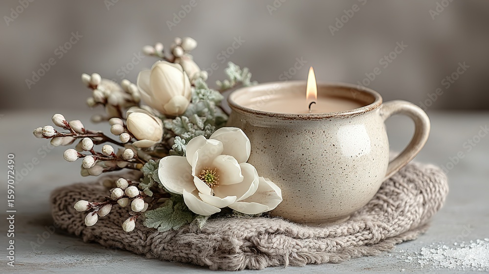 A candleholder arrangement with a warm-toned candle and magnolia blossoms. A candleholder arrangement with a warm-toned candle and magnolia blossoms.