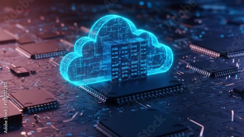 Glowing cloud server icon digitally embedded within a circuit board, representing cloud computing and data storage technology