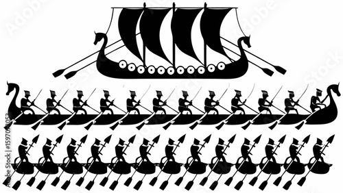 Black silhouette of viking ships with oars and sails filled with rowing men on a white background view