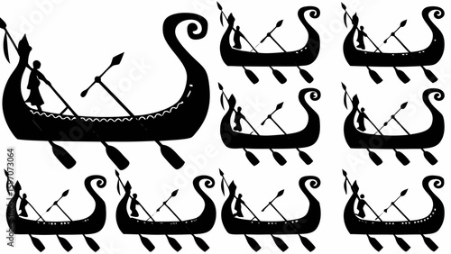 Silhouette pattern of viking longships with oarsmen and spears on a white background in a repeating design