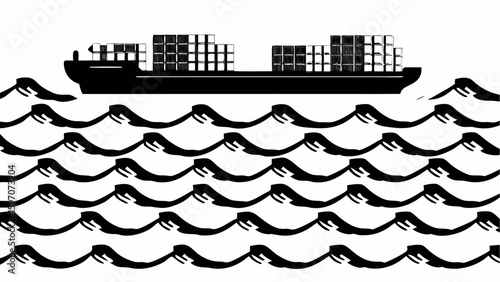 A black and white illustration of a cargo ship carrying containers on a wavy sea with a clear sky above