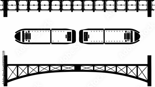 Black and white architectural drawings featuring bridges and train cars in a detailed technical style view