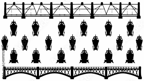 Black silhouettes of bridge structures above and below rows of boat silhouettes on a white background