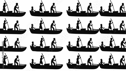Silhouette pattern of people rowing boats on water in a repeating design against a white background