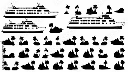 Illustration of cruise ships and tropical islands with palm trees in black and white silhouette style art