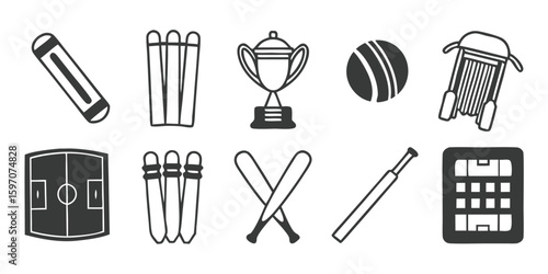 Cricket Sport Equipment Outline Icon Set Featuring Bats Ball Wickets and Trophy on Transparent Background