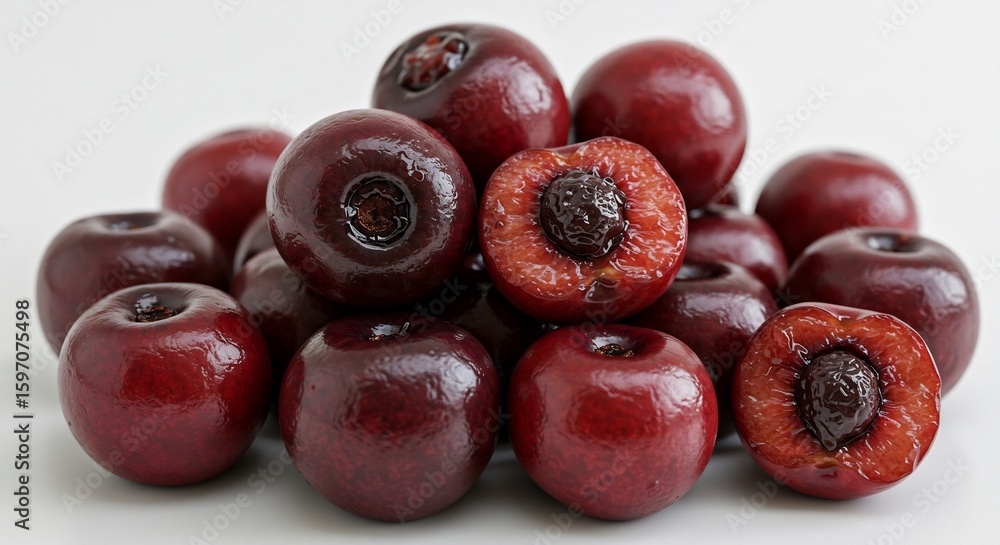 Fototapeta premium Juicy red cherries gleam brightly against a stark white background. AI Generated