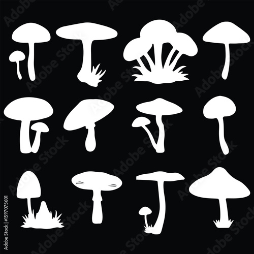 Black and white nature and home icon set with trees and mushrooms