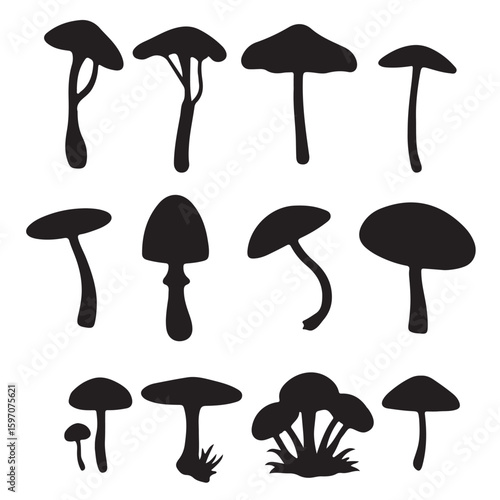 Black and white nature and home icon set with trees and mushrooms