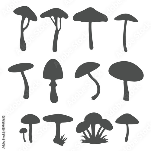 Black and white nature and home icon set with trees and mushrooms