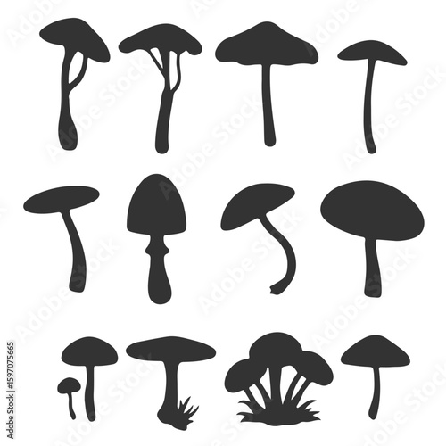 Black and white nature and home icon set with trees and mushrooms