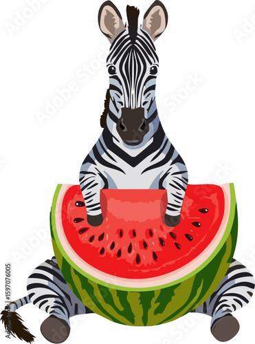 A playful zebra happily enjoying a slice of watermelon. Its distinctive stripes and happy expression create a fun, lighthearted vibe