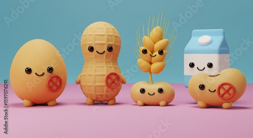 Cute Food Allergen Characters Egg, Peanut, Wheat, Milk, Colorful Design