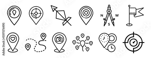 A set of 10 line art icons focused on navigation and location, featuring various map markers, a compass, route paths, and destination flags.